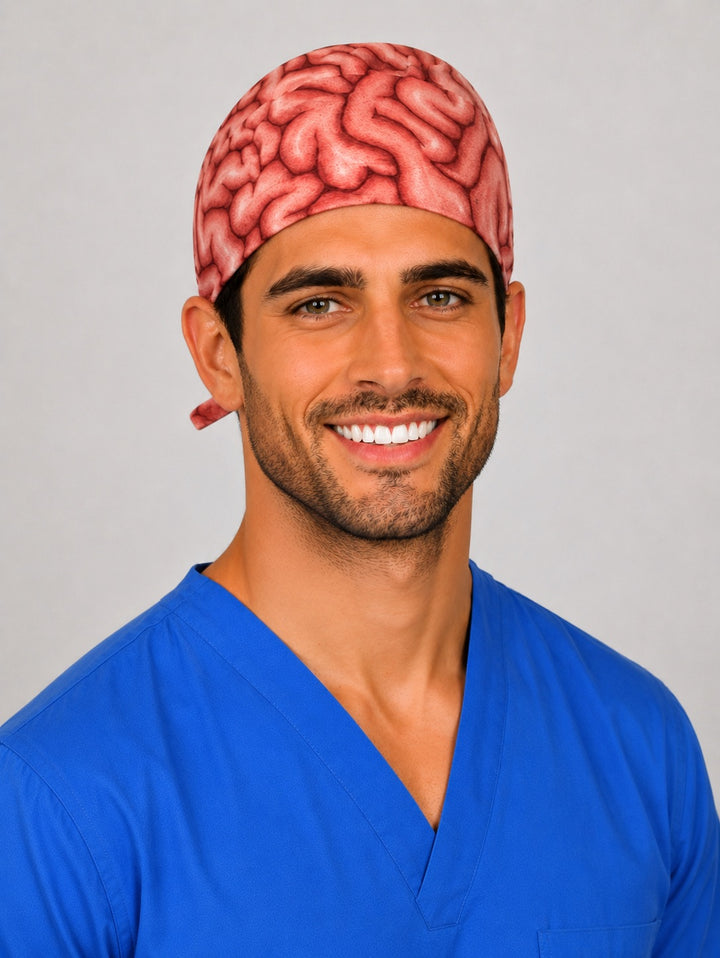 Close front view of the brain anatomy scrub cap for men showing detailed coral and red brain print