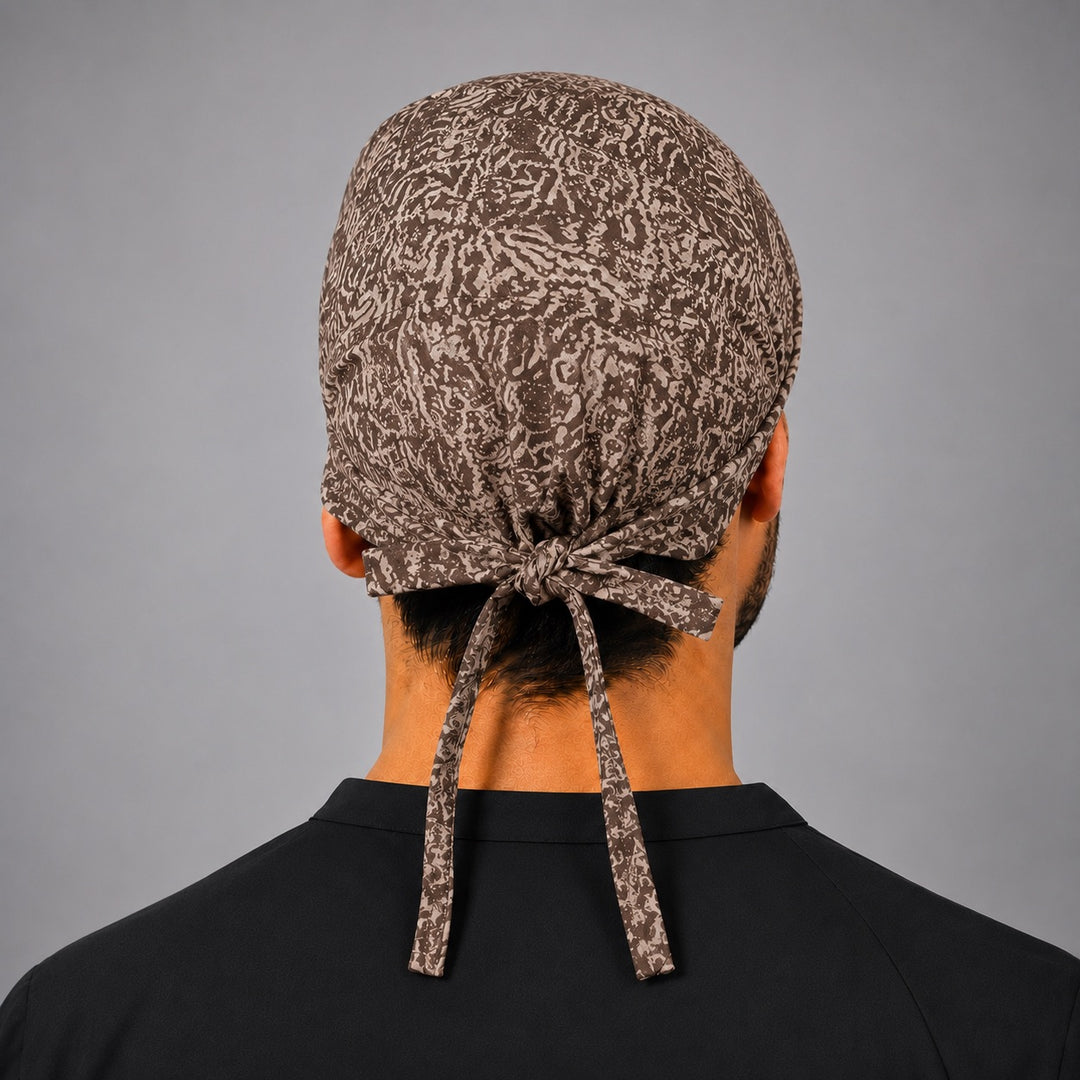 Back view of adjustable tie-back knot on brain anatomy neuro scrub cap surgical hat for men