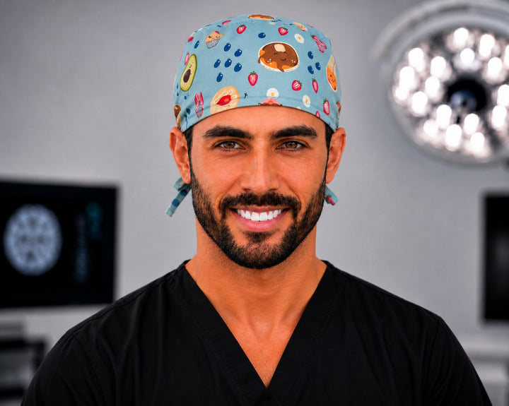 Breakfast food scrub cap and foodie surgical hat with bacon, waffles, eggs and coffee, handmade men&