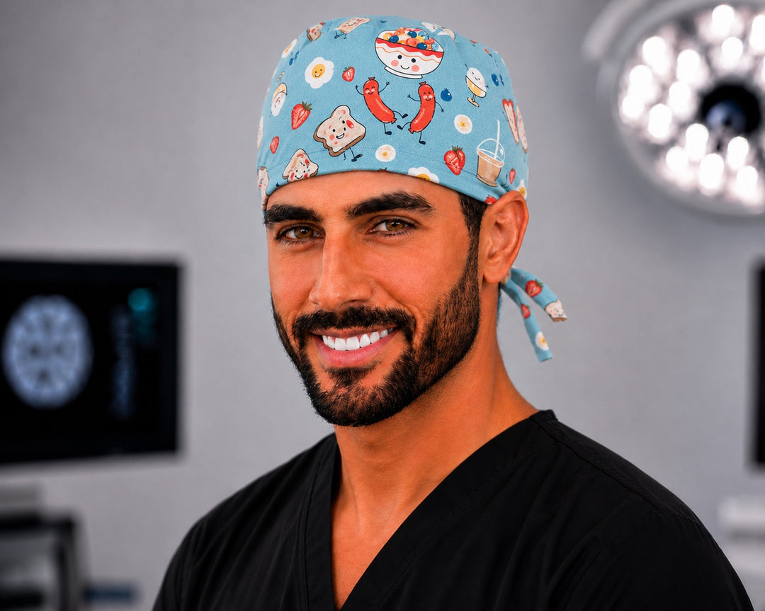 Breakfast food waffles men's tie-back scrub cap, foodie OR surgical hat handmade in the USA for nurses and surgeons, front view