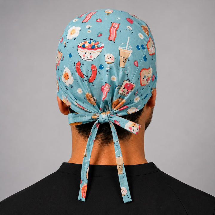 Back view of adjustable tie-back knot on breakfast food foodie scrub cap surgical hat for men