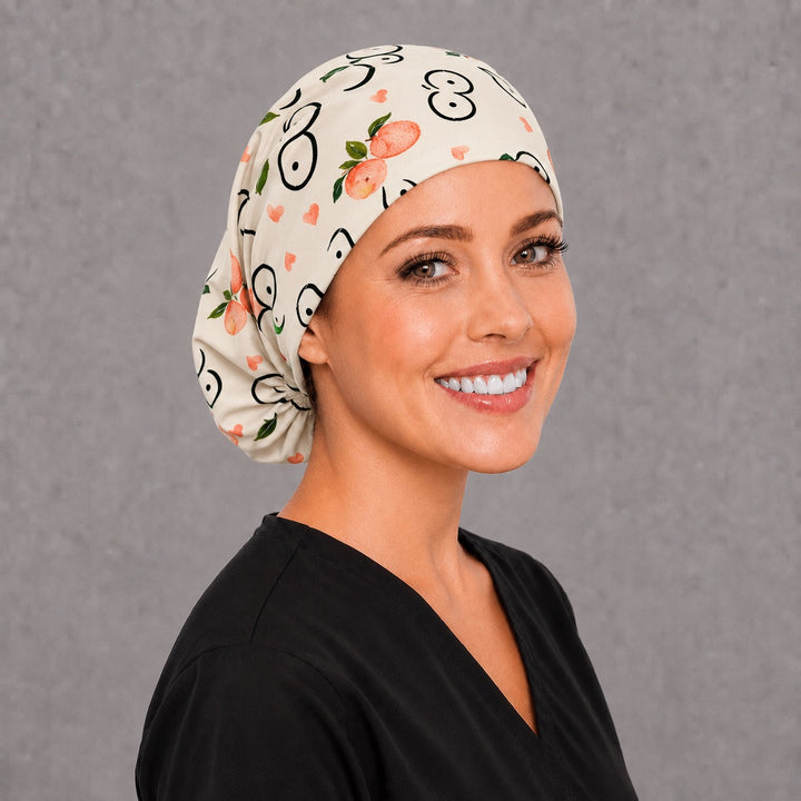 Breast reconstruction Euro surgical cap, left angled view — elastic adjustable back with full head coverage
