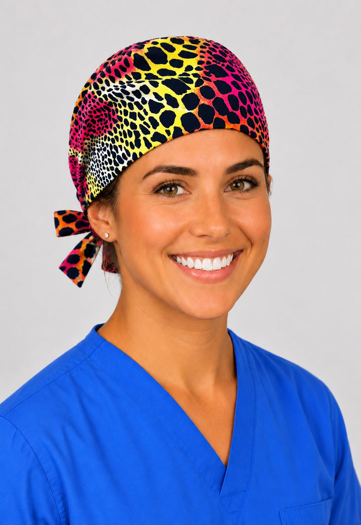 Bright animal print scrub cap in yellow and pink leopard with side tie, nurse hat by OR World