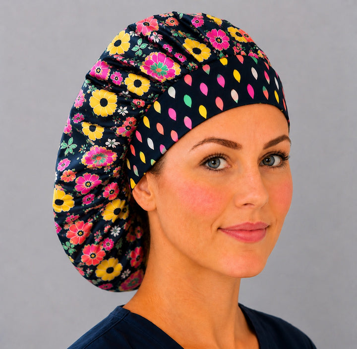 Bright floral neon flower bouffant surgical cap right three-quarter angle on smiling model, bold pink and yellow flowers on navy with confetti-dot band, OR World nurse hat
