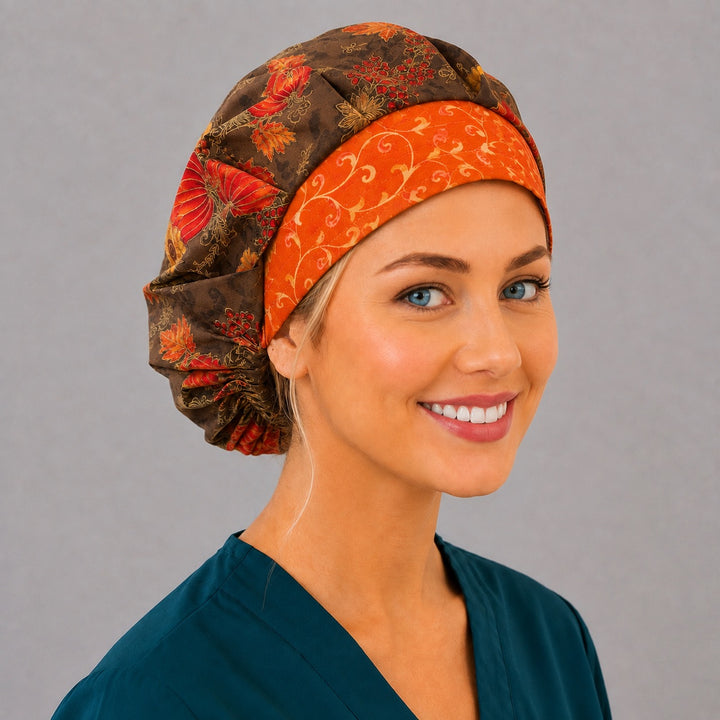 Brown autumn bouffant surgical cap for long hair, right angled view — deep gathered fit that secures thick or braided hair