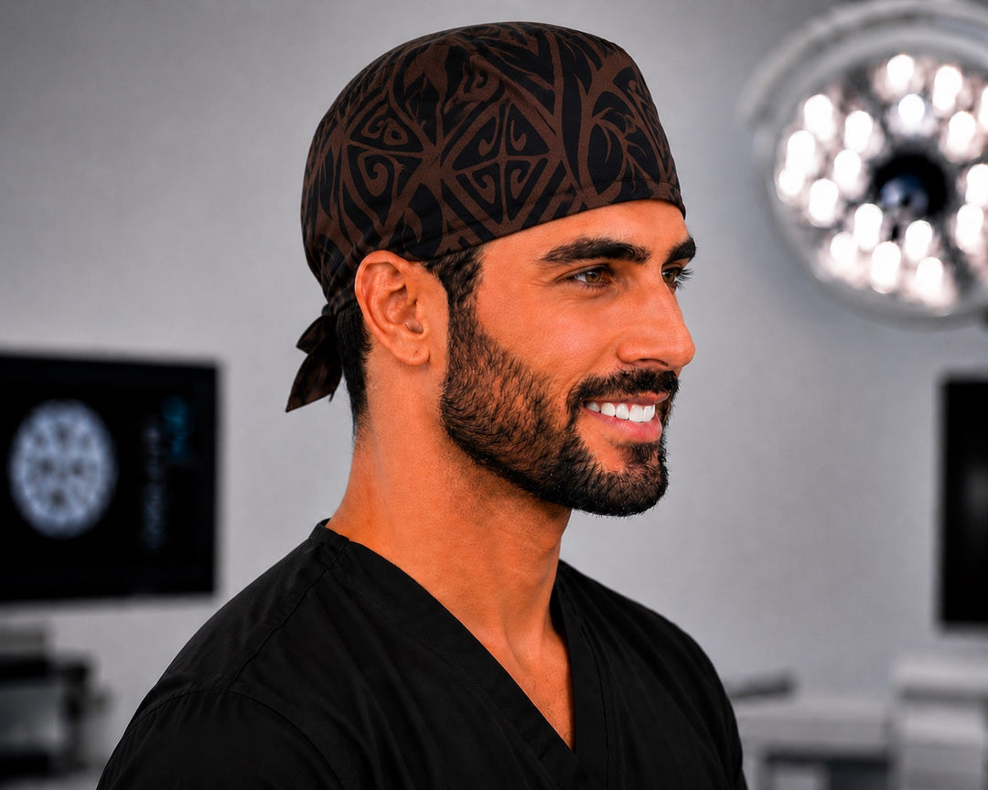 Brown and black tribal Hawaiian surgical cap on a man, side profile — island print scrub cap for OR nurses