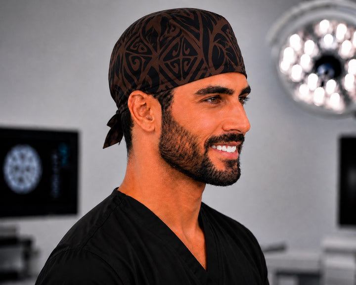 Brown and black tribal Hawaiian surgical cap on a man, side profile — island print scrub cap for OR nurses