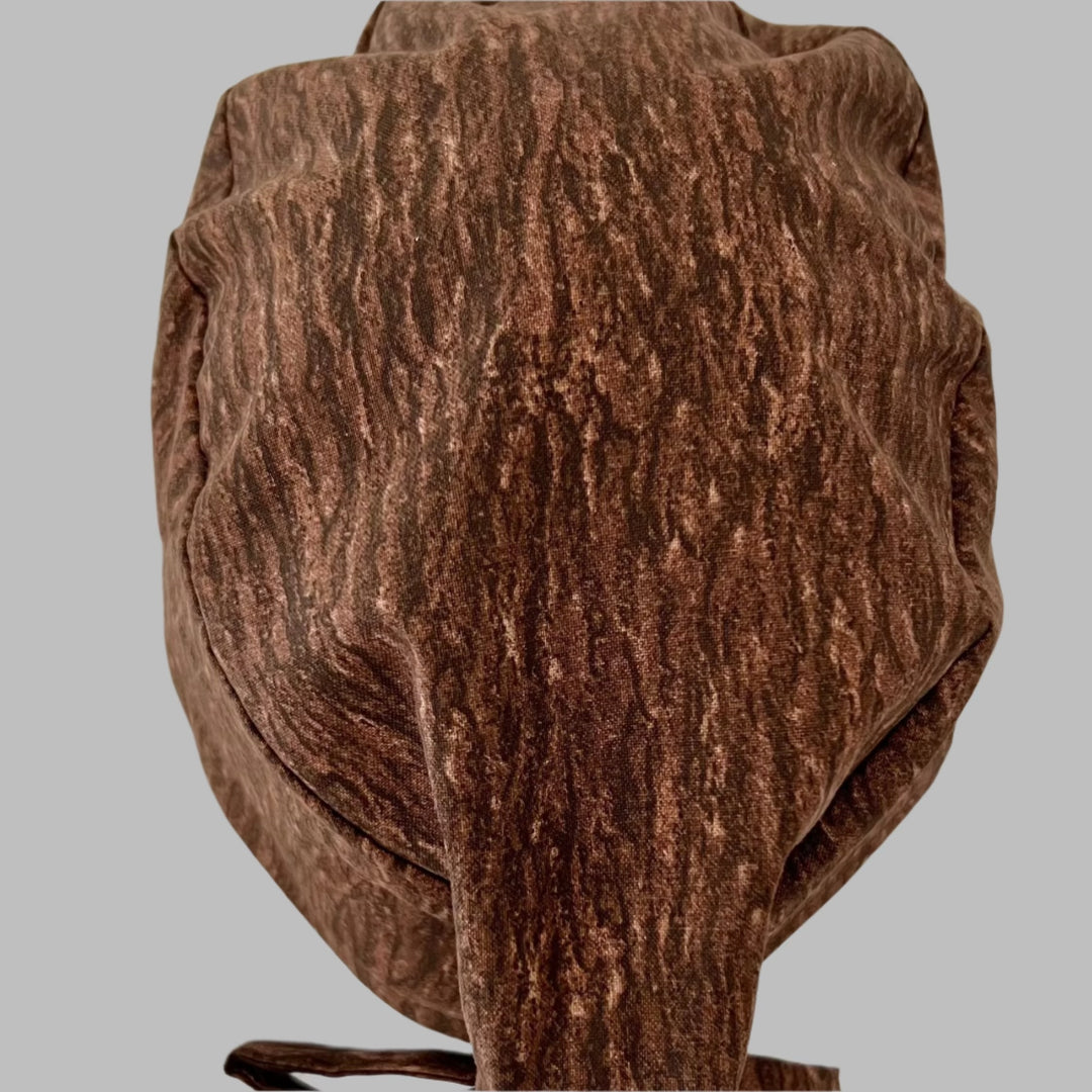 Back view of brown neutral tie-back scrub cap — handmade-in-USA OR surgical hat, great gift for surgeons &amp; nurses.