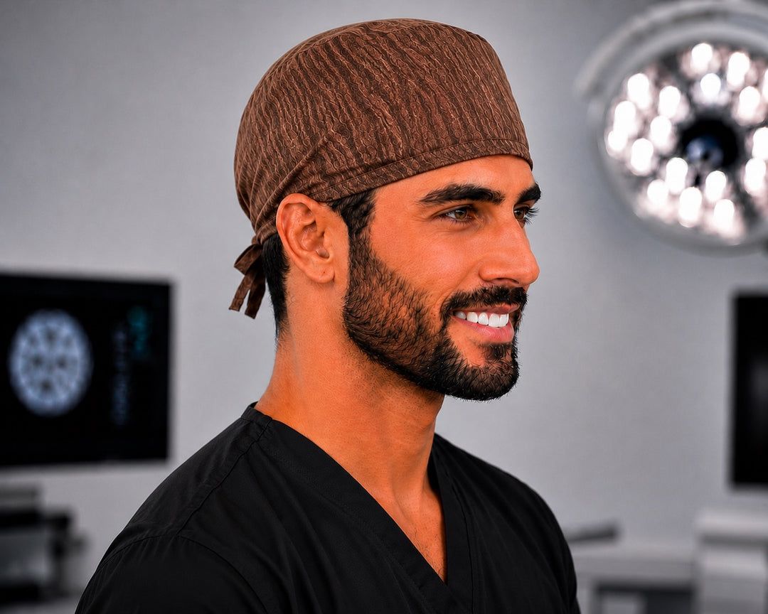 Brown scrub cap for men, rustic tie-back OR surgical hat handmade in the USA for nurses and surgeons, front view