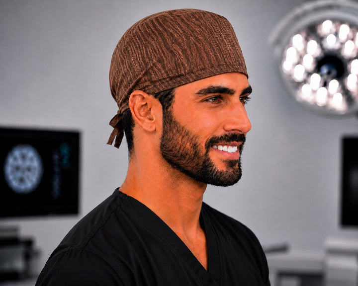 Brown scrub cap for men, rustic tie-back OR surgical hat handmade in the USA for nurses and surgeons, front view