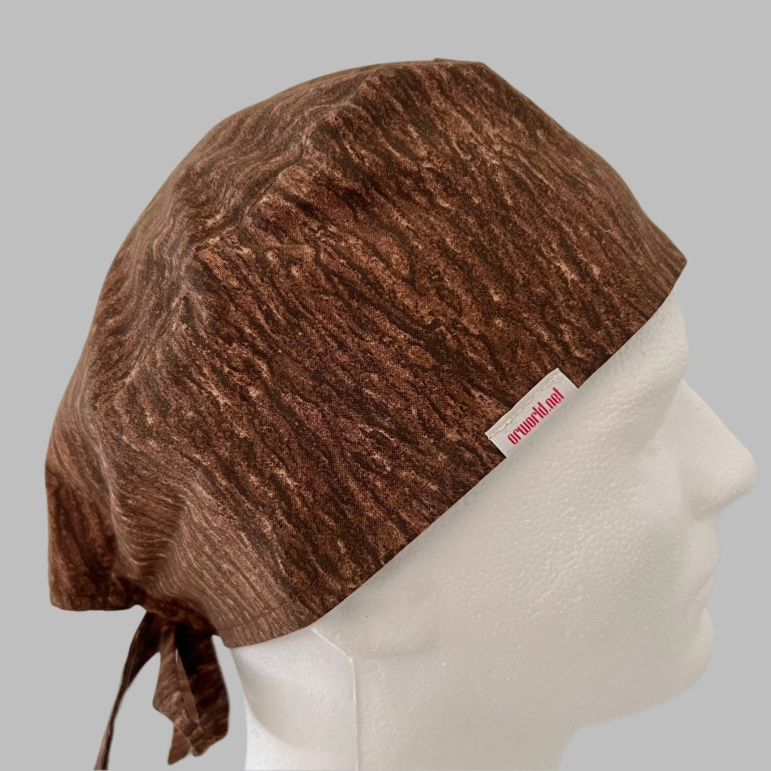 Front view of brown tree-bark surgical hat — handmade USA men&