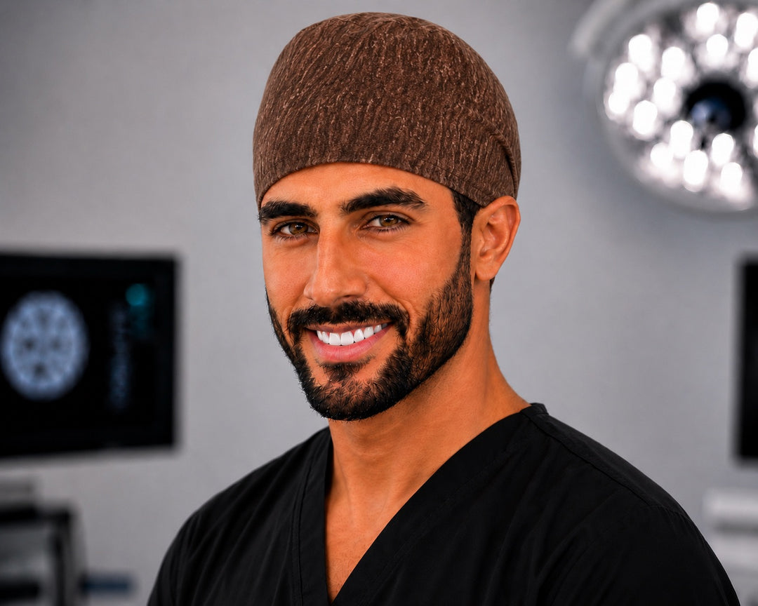 Brown rustic tree-bark men's scrub cap, adjustable tie-back surgical hat for surgeons and surgical techs, three-quarter view