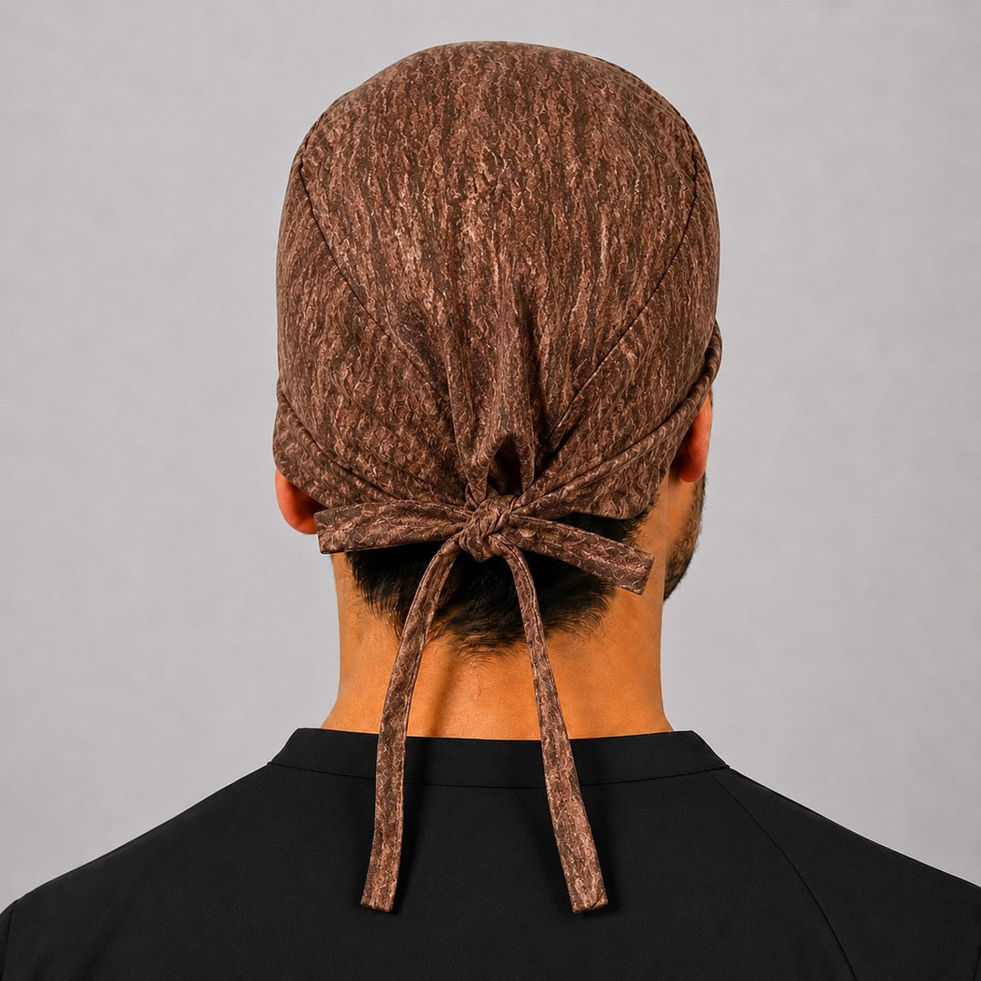 Back view of adjustable tie-back knot on brown rustic tree-bark men&