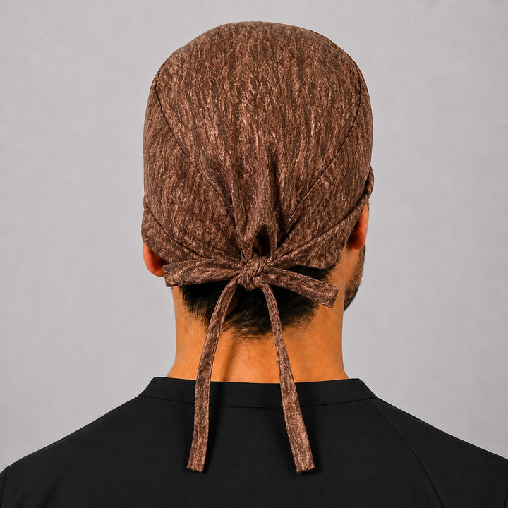 Back view of adjustable tie-back knot on brown rustic tree-bark men&