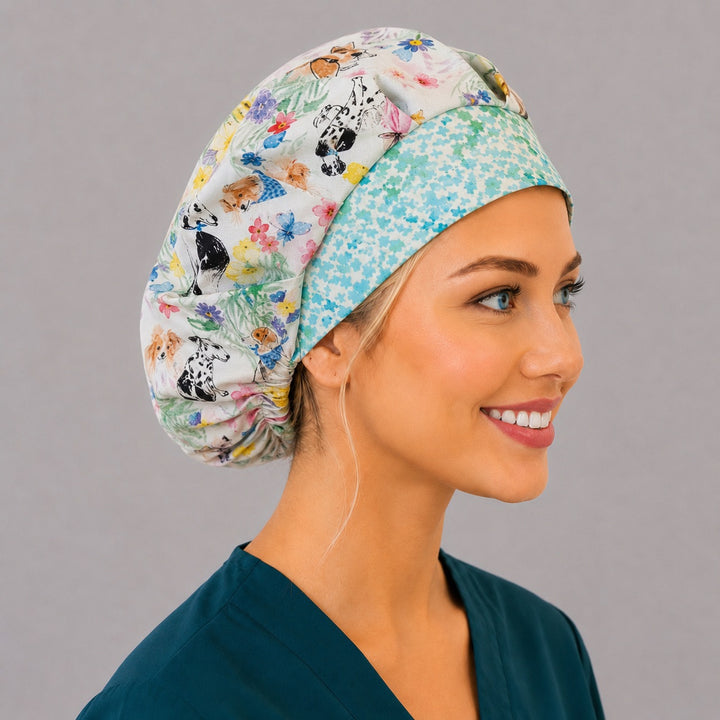 Side view of the bunny-ear puppy bouffant surgical hat — Easter dogs and florals with contrasting aqua-blue band, roomy cotton cap for nurses