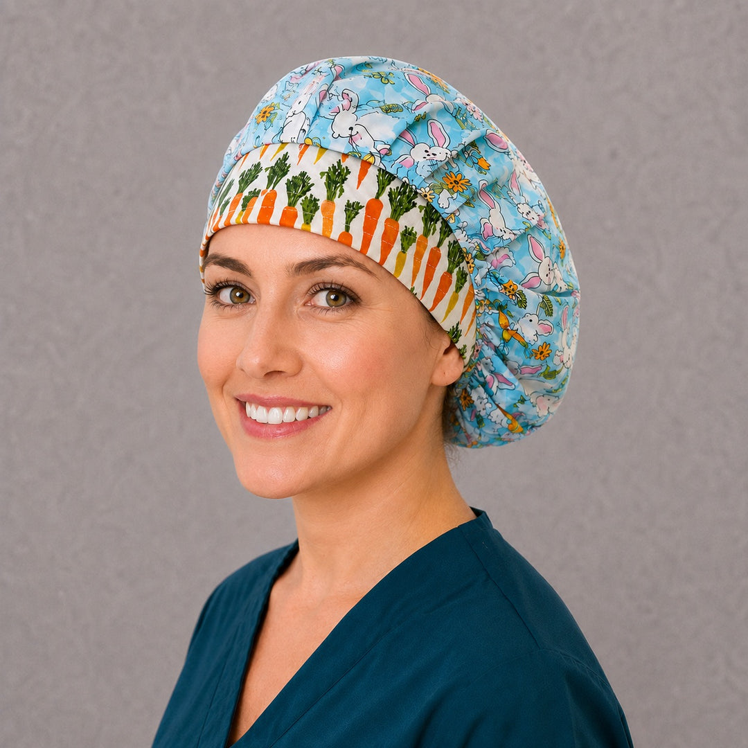 Bunny and Easter egg bouffant cap for women, left angled smiling view — handmade spring surgical cap, USA made