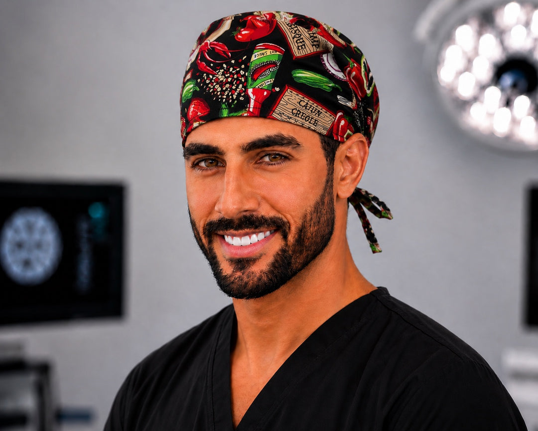 Cajun Creole chili pepper and hot sauce men's tie-back scrub cap, Louisiana foodie OR surgical hat handmade in the USA, front view