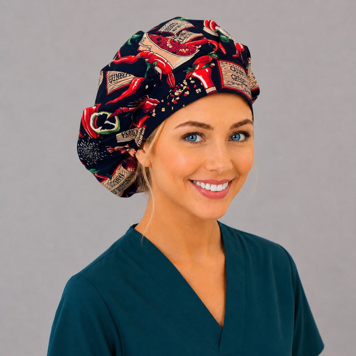Angled view of the Cajun Creole crawfish bouffant cap for long hair on a smiling nurse — handmade spicy foodie surgical cap, USA made