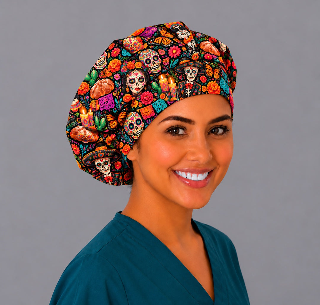 Right angle view of a calavera bouffant surgical hat showing a sombrero skeleton, pan de muerto, monarch butterflies and papel picado banners, handmade Mexican scrub cap by OR World