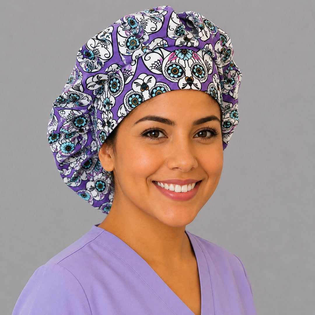 Calavera cat bouffant cap for women, right side profile — handmade purple Day of the Dead surgical cap, USA made