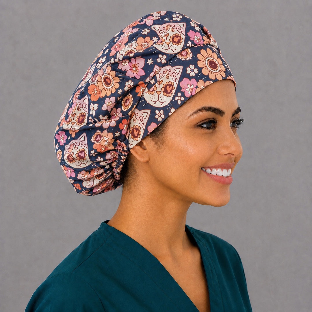 Calavera cat bouffant surgical cap for long hair, side view — deep gathered fit that secures thick or braided hair