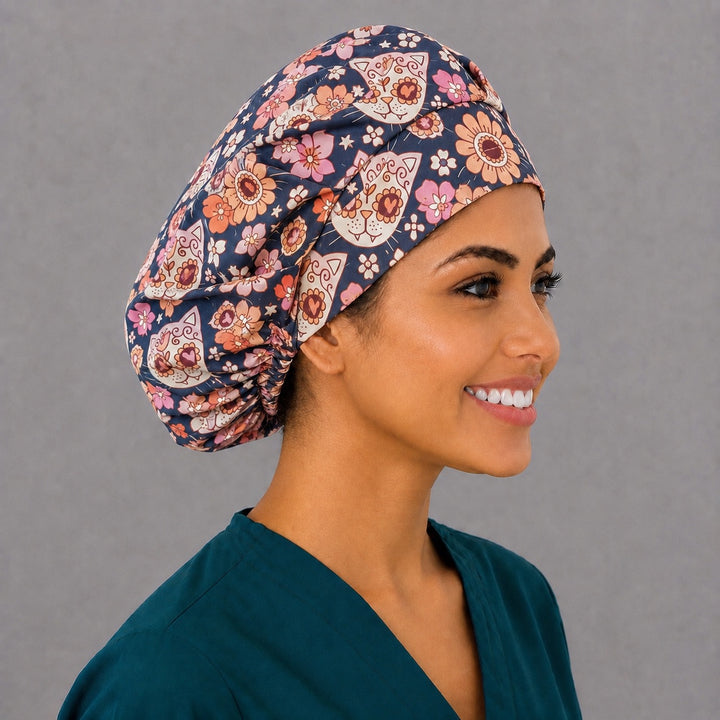 Calavera cat bouffant surgical cap for long hair, side view — deep gathered fit that secures thick or braided hair