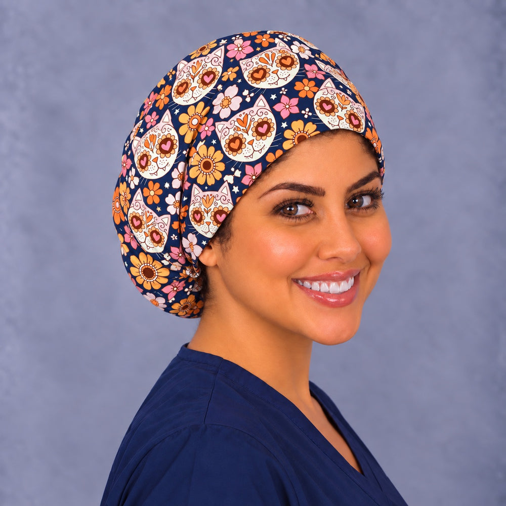 Right profile of the calavera cat Euro surgical cap, gathered elastic back holding short or medium hair