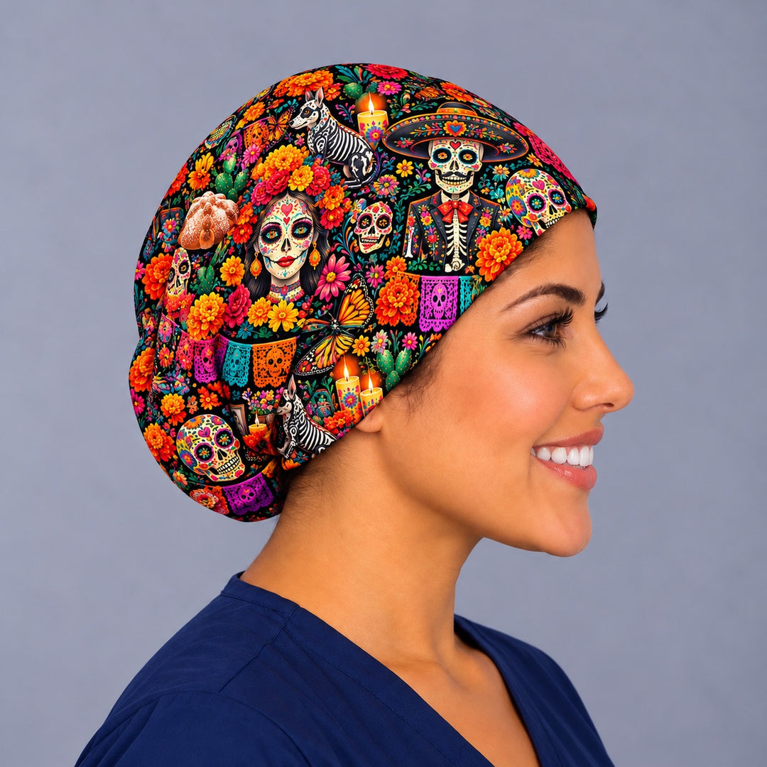 Right profile of a calavera Euro gorro quirúrgico with a sombrero-wearing charro skeleton, catrina and marigolds, a Día de Muertos surgical hat for doctoras and nurses