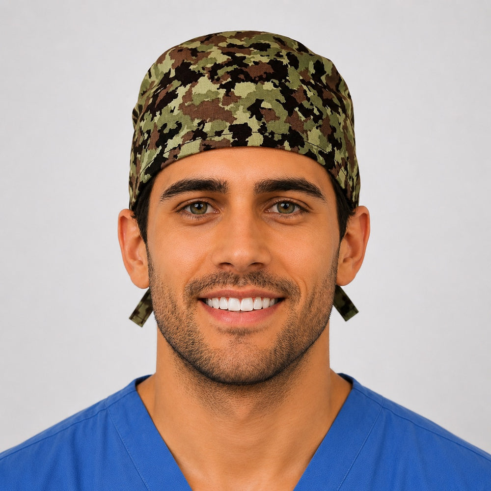 Back view of the camouflage tie-back scrub cap showing the bow tie closure and full green camo print