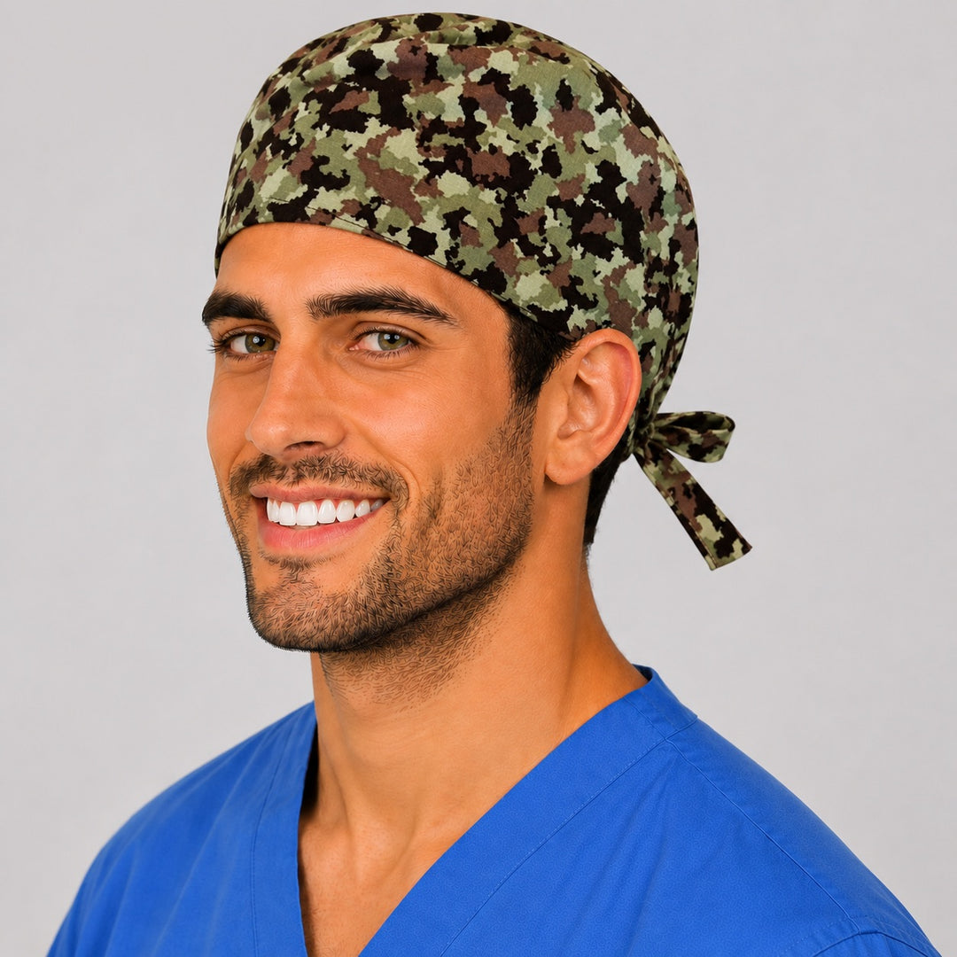 Side profile of the camouflage tie-back scrub cap showing the green and brown camo print and tie closure