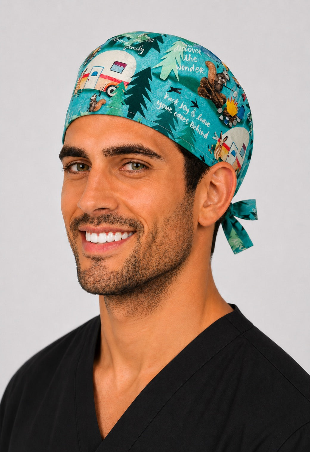 Left profile of summer camping camper woodland men's scrub cap, adjustable tie-back outdoors surgical hat for surgeons and techs