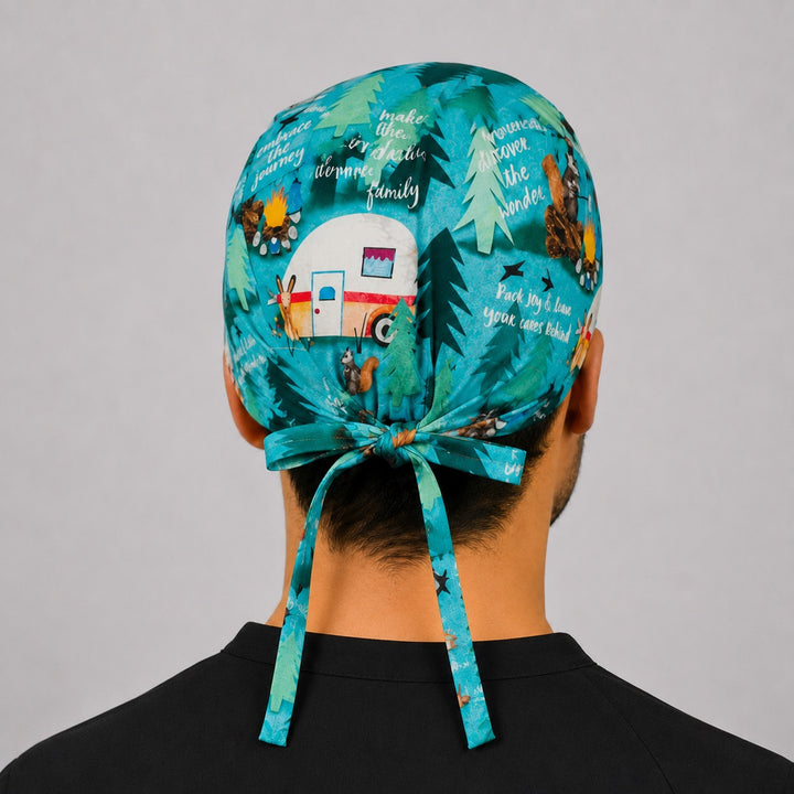 Back view of adjustable tie-back knot on summer camping woodland scrub cap surgical hat for men