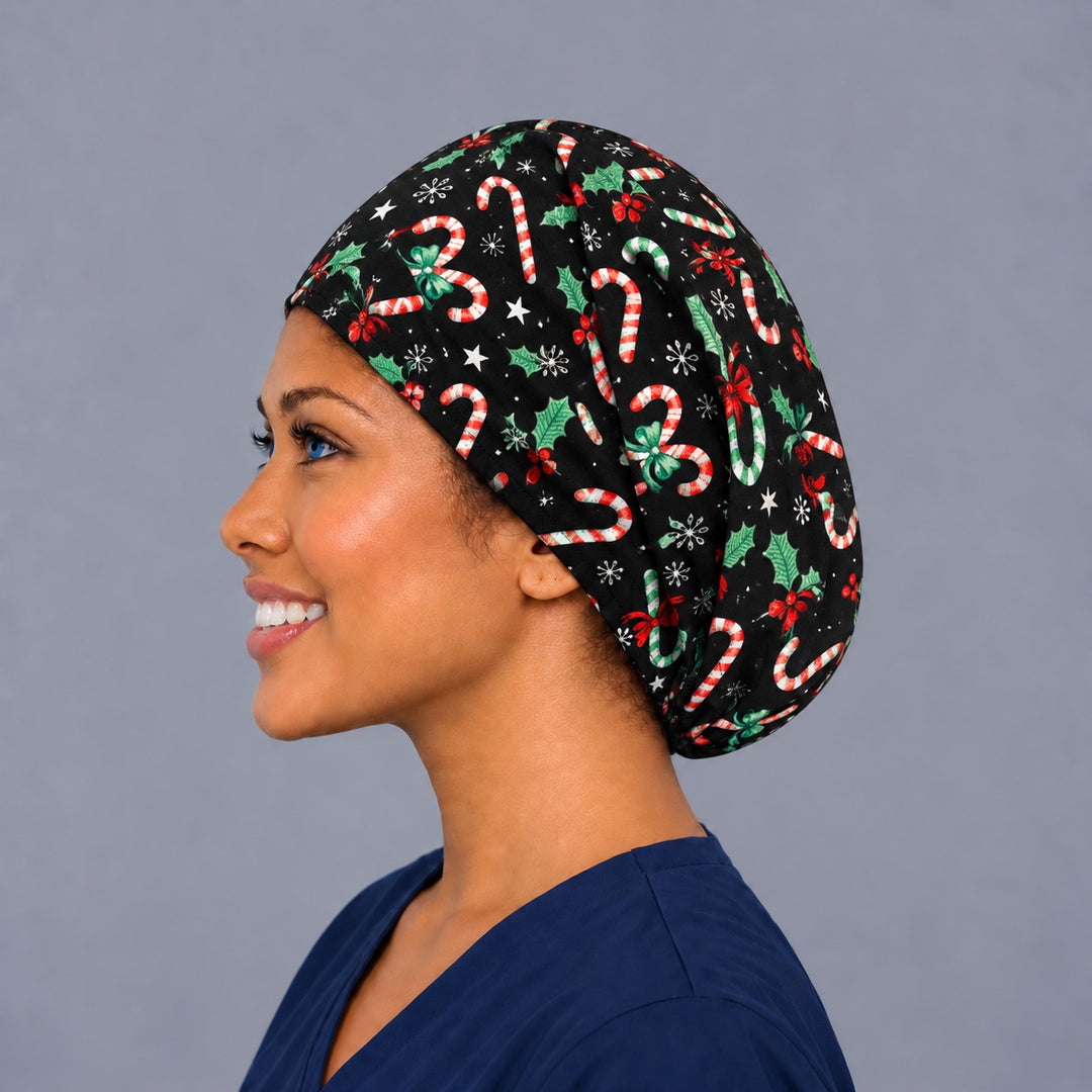 Back view of the candy cane Euro scrub cap — elastic gathered back showing candy canes and holly across the black crown