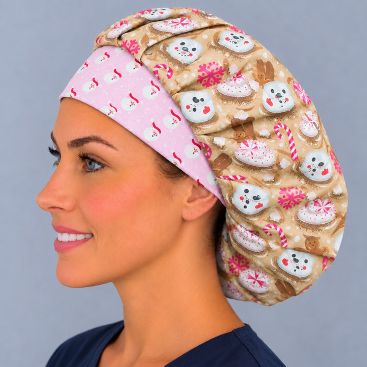 Candy cane marshmallow bouffant scrub cap, left side profile — full back coverage with gingerbread spoon print for OR nurses