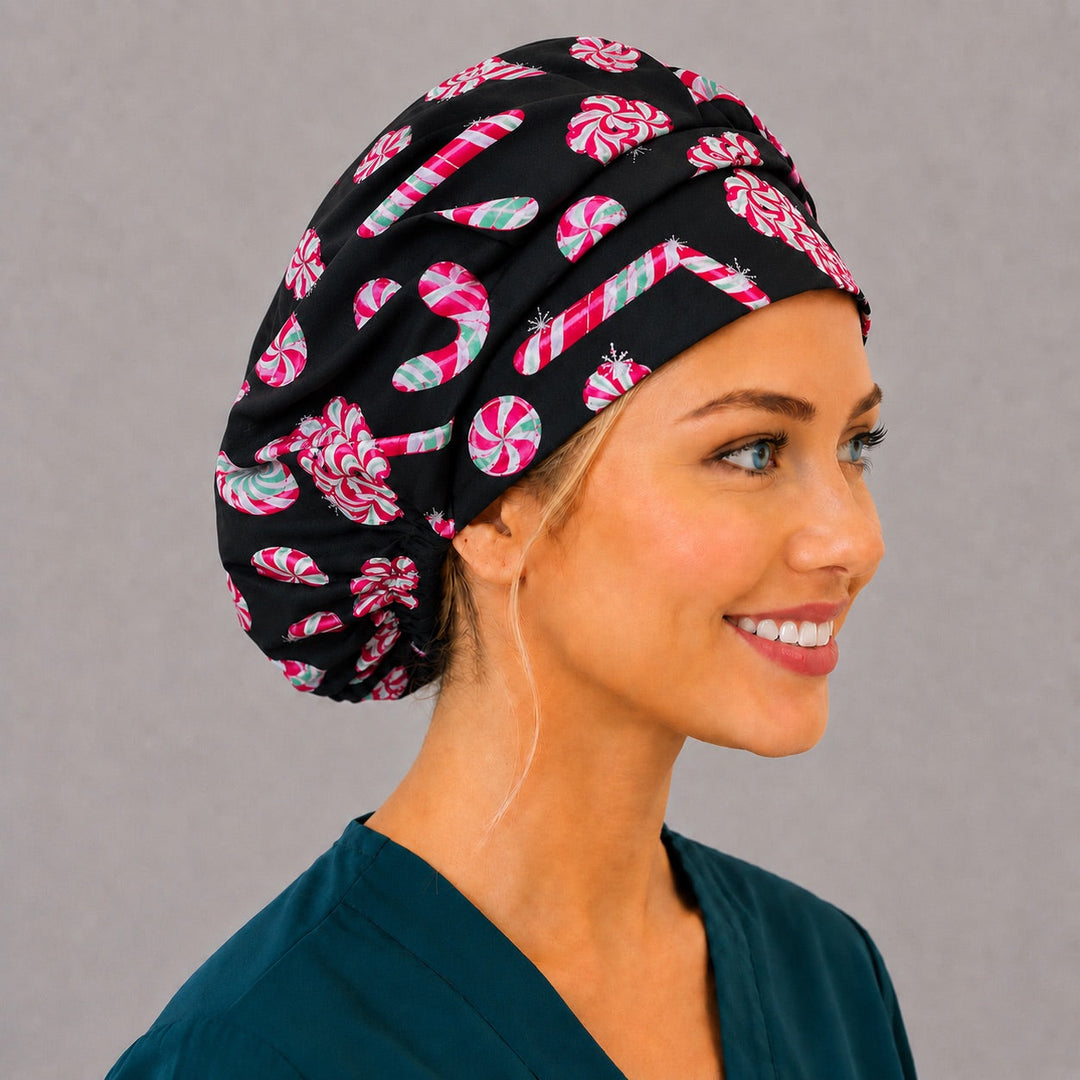 Candy cane and peppermint bouffant cap for women, right side profile — handmade Christmas surgical cap, USA made