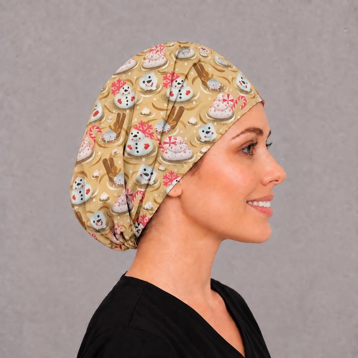 Right side profile of the candy cane snowman Euro surgical hat — gingerbread spoon print, breathable cotton cap for nurses