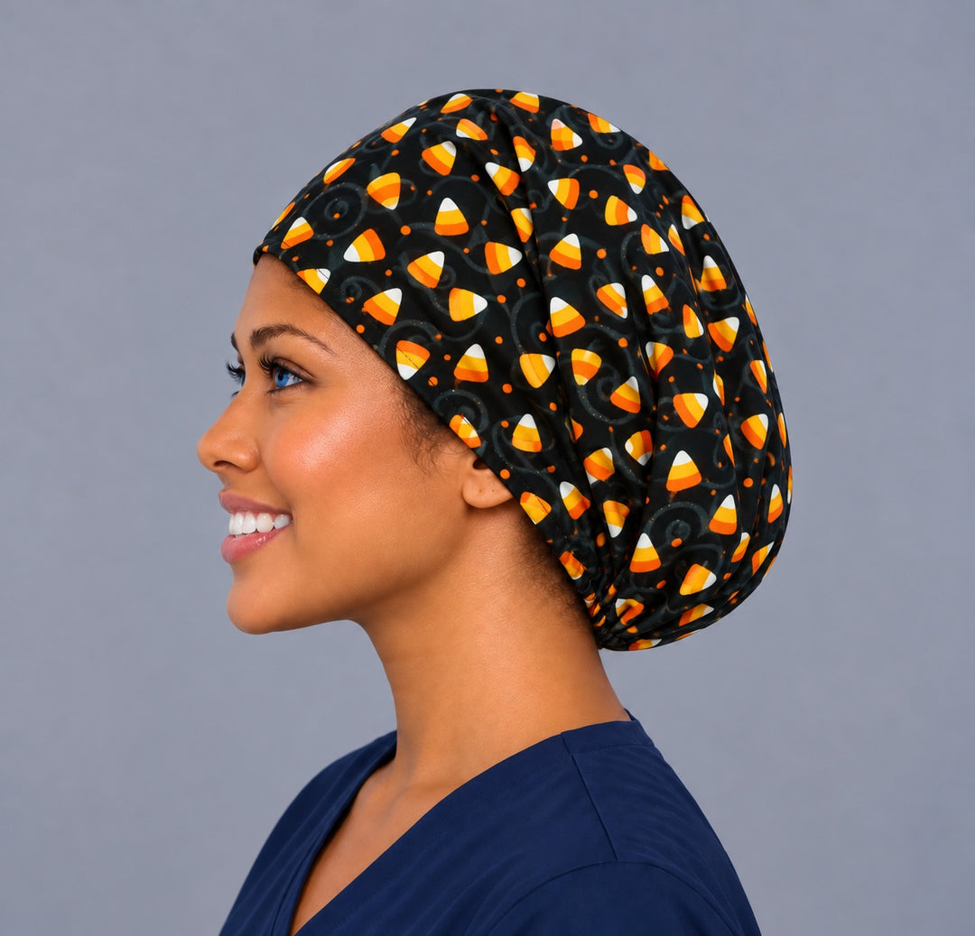 Candy corn Euro scrub cap, left side profile — handmade Halloween surgical cap, USA made