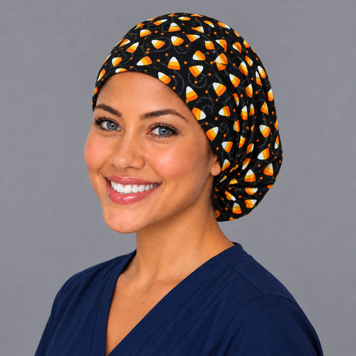 Candy corn Euro surgical cap, left angled view — elastic adjustable back that secures long or thick hair