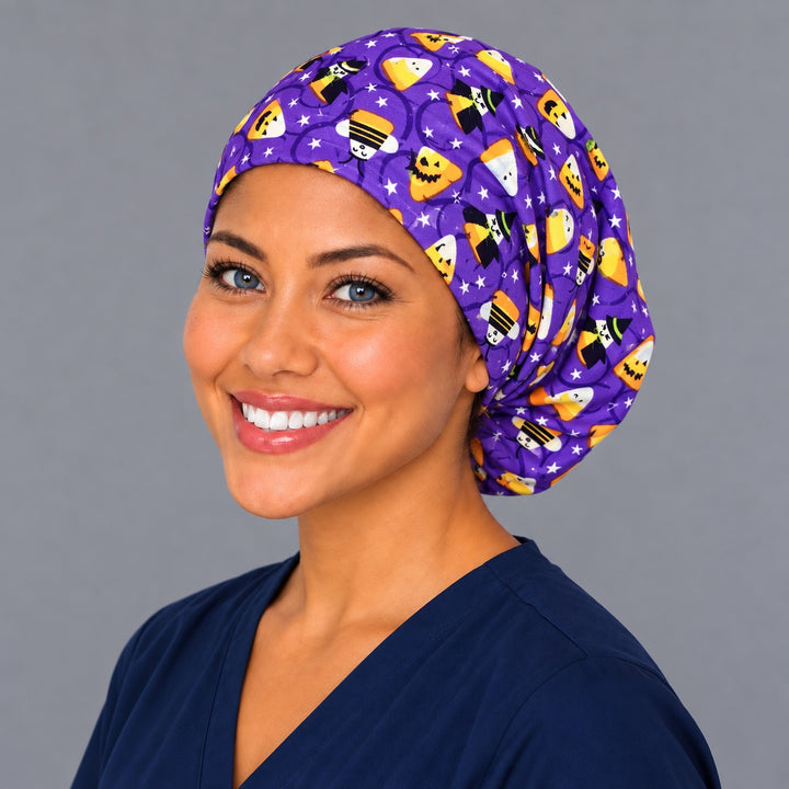 Candy corn witches Euro scrub cap, right side view — spooky season print for OR nurses and surgical techs