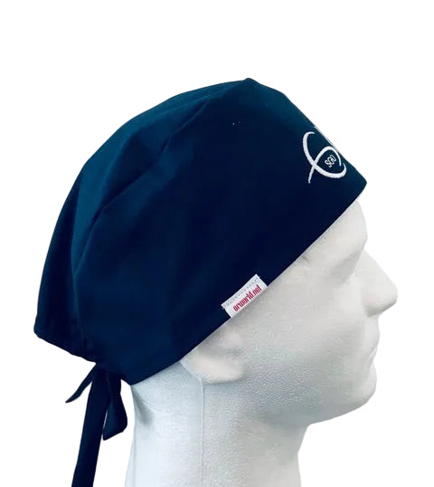 SGO mens surgical scrub cap with cotton strings and embroidered logo right side view 