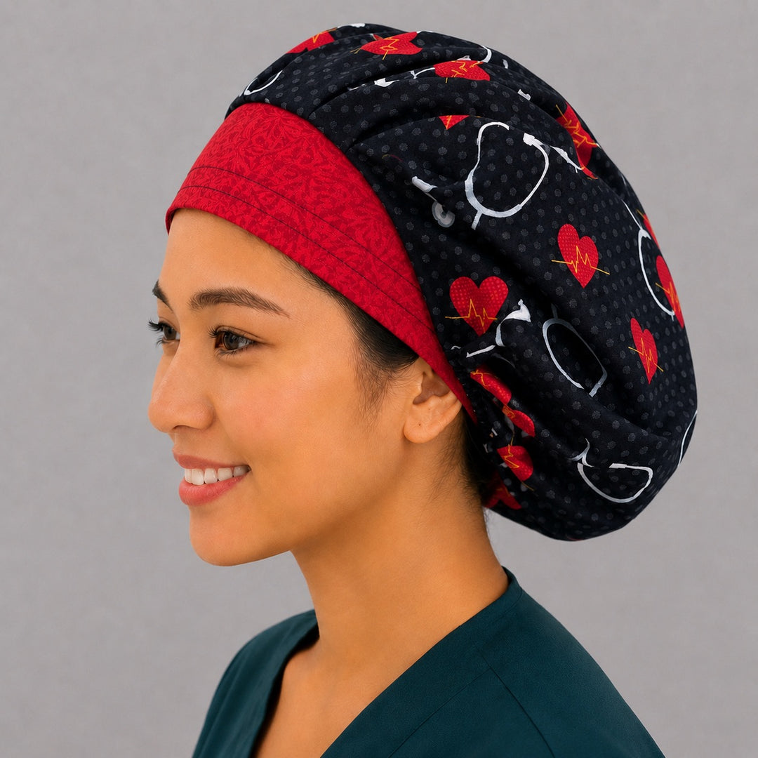 Cardiac nurse bouffant scrub cap with red band, left side profile — heart and EKG print for ICU, ER and telemetry teams