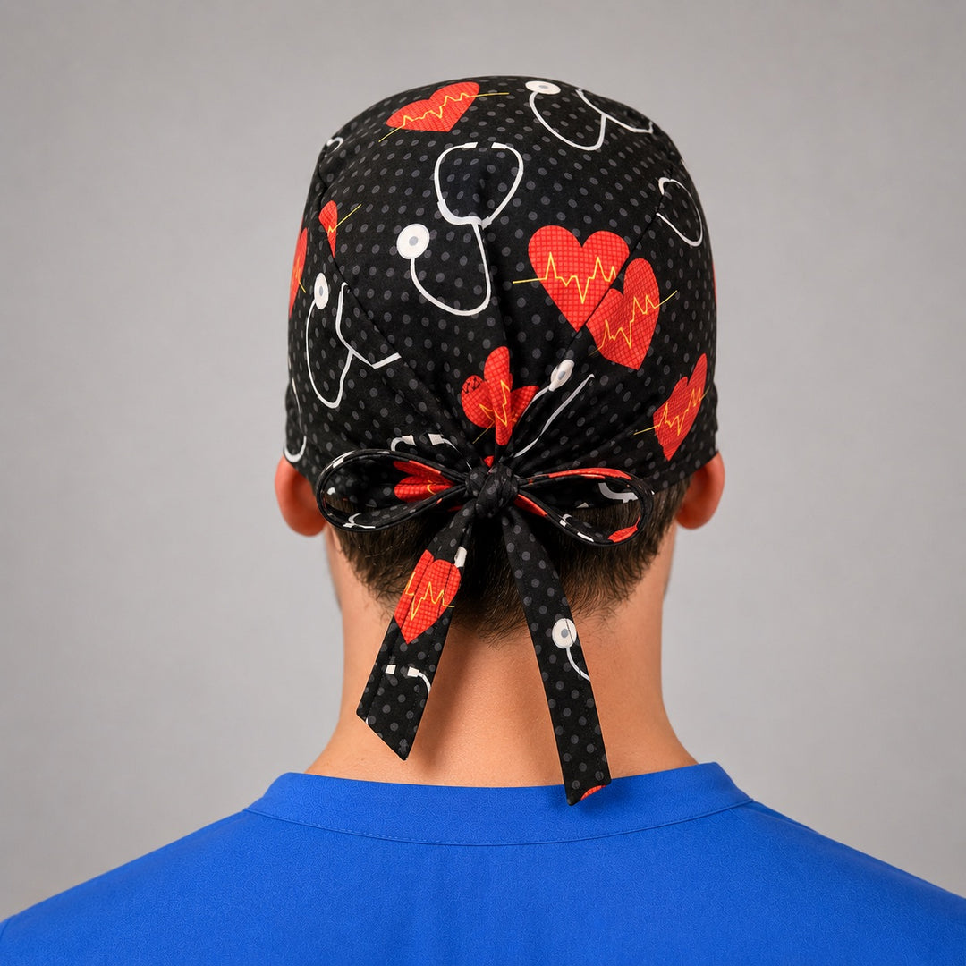 Cardiology EKG heart scrub cap for short hair, handmade black tie-back surgical hat with stethoscopes on OR nurse, front view