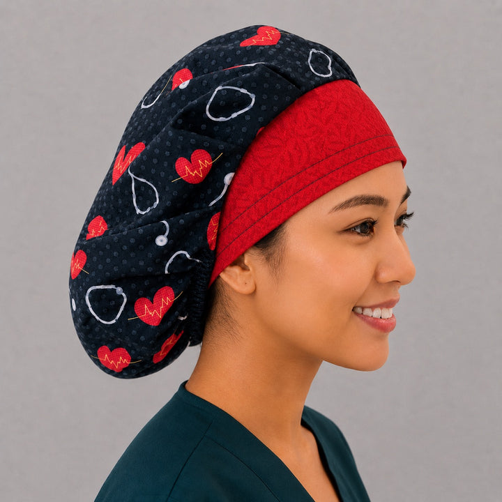 Right side view of the cardiology bouffant scrub cap with red band — EKG hearts and stethoscopes on black with solid red front band, adjustable women&