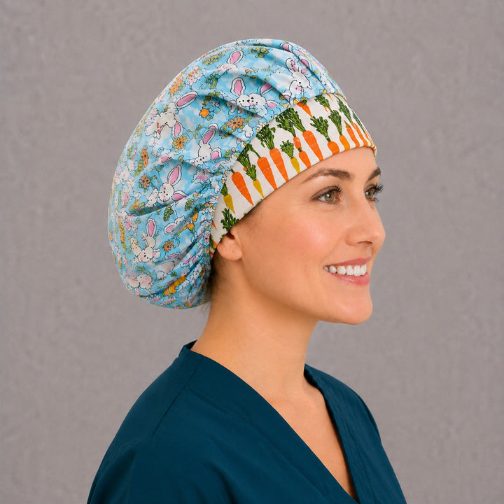 Carrot band Easter bouffant scrub cap, right side profile — rabbits, butterflies and flowers print for OR nurses and surgical techs