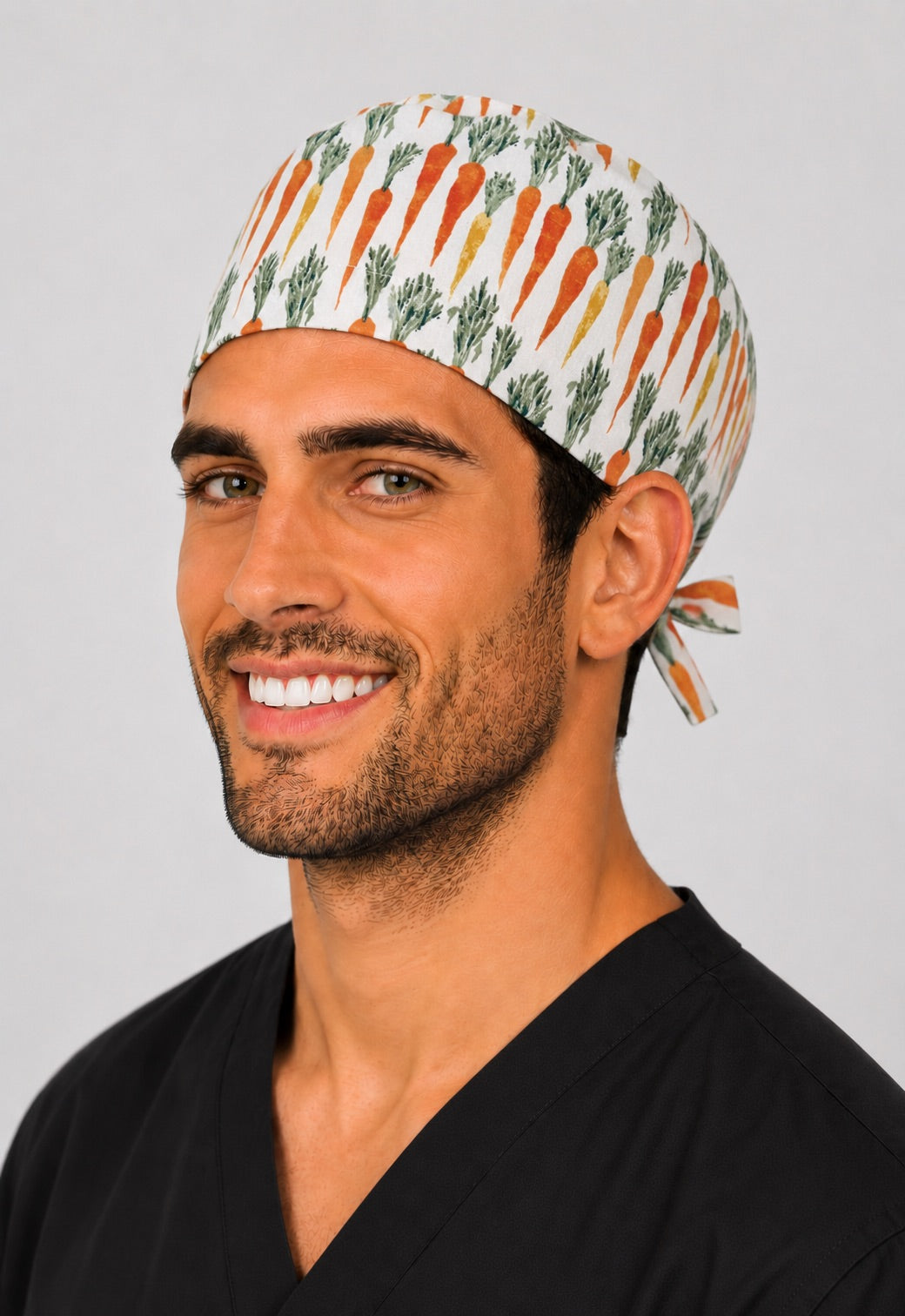 Left profile of carrot garden foodie men's scrub cap, adjustable tie-back vegetable surgical hat for surgeons and techs