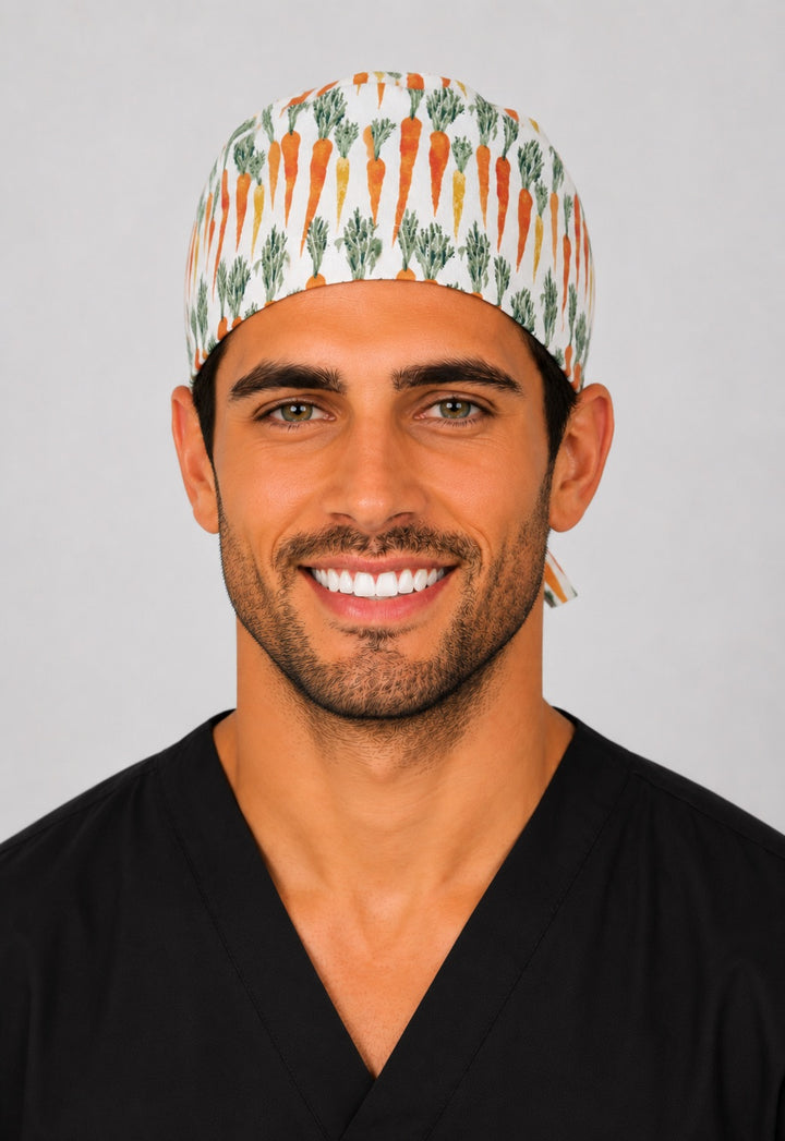 Carrot garden scrub cap with watercolor carrots on cream, handmade men&