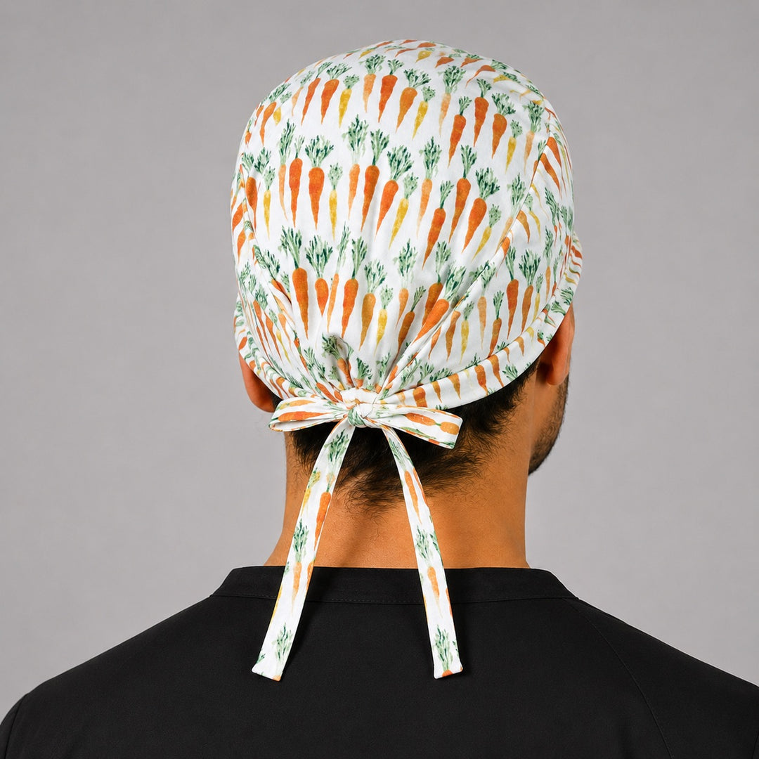 Back view of adjustable tie-back knot on carrot garden vegetable scrub cap surgical hat for men
