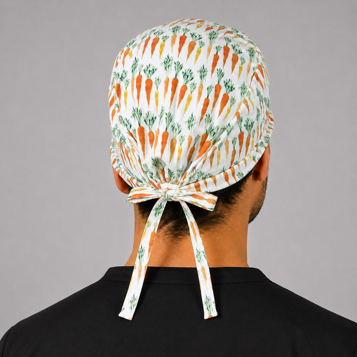 Back view of adjustable tie-back knot on carrot garden vegetable scrub cap surgical hat for men