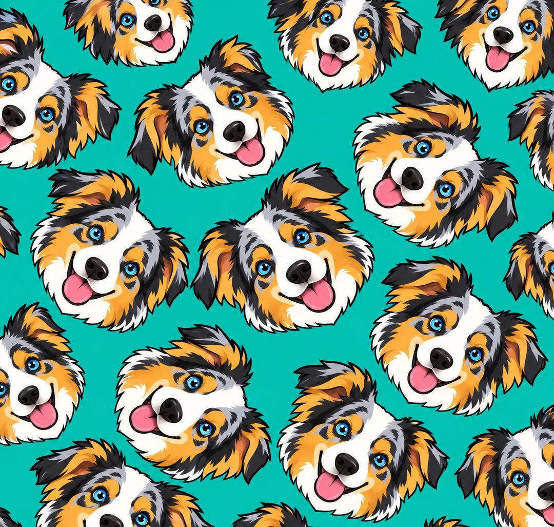 Close up of cartoon Australian shepherd ponytail scrub cap fabric print on teal 100% premium Kona cotton