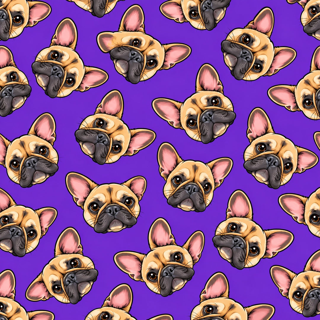 Close up of cartoon French bulldog euro cap fabric print on purple 100% premium Kona cotton